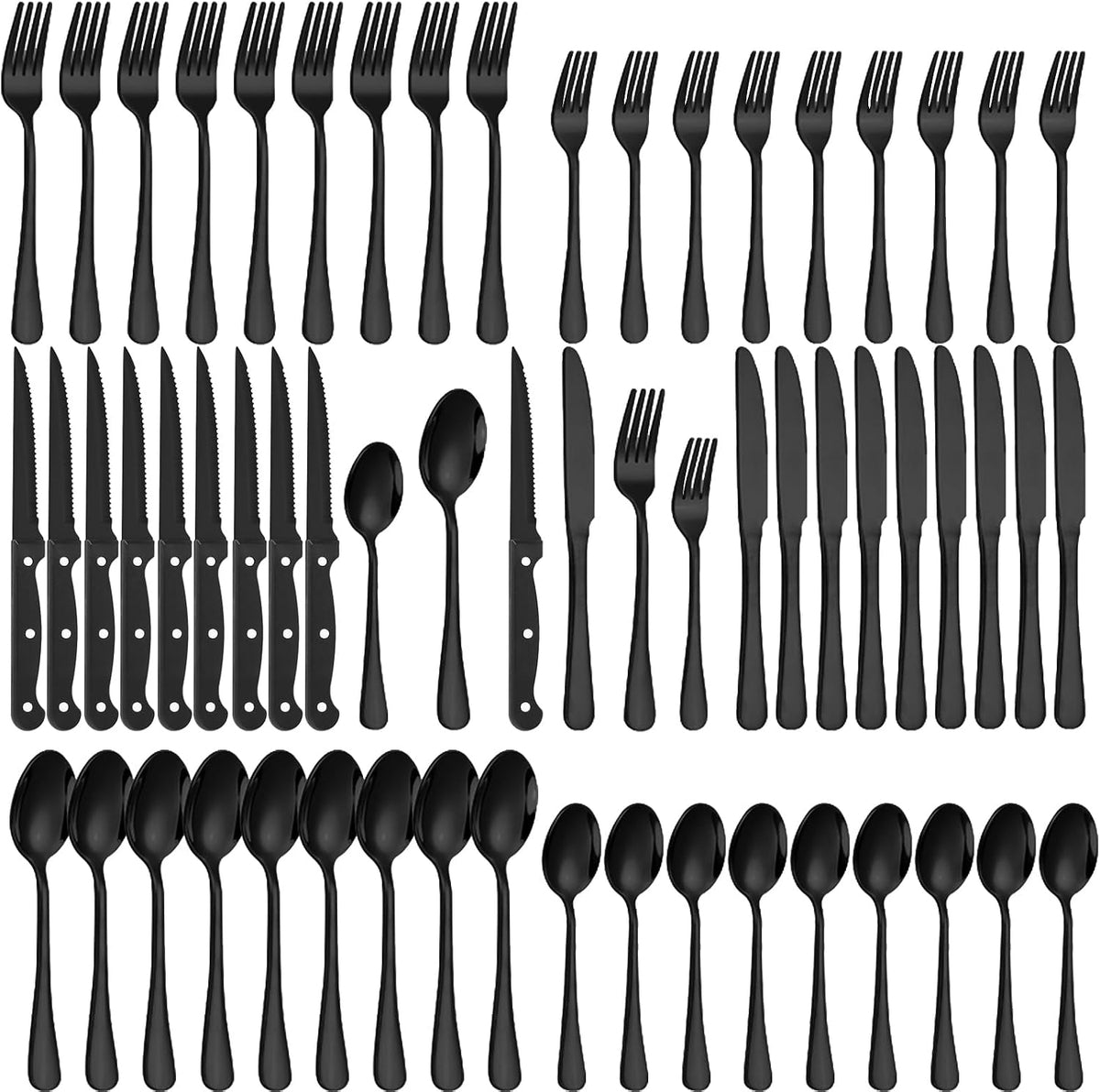 60-Piece Black Silverware Set with Steak Knives Black Stainless Steel Flatware Set for 10 Food Grade Tableware