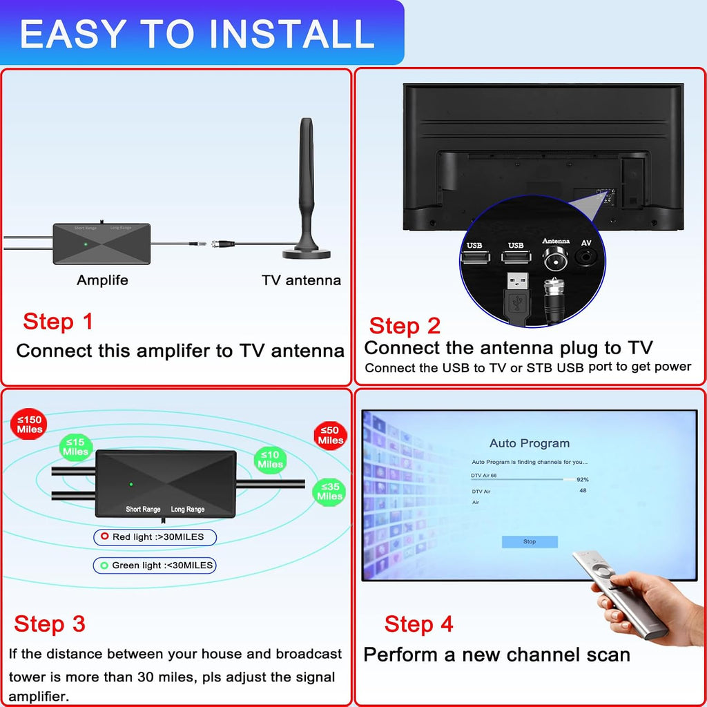TV Antenna Amplifier, High Gain Indoor Antenna Signal Booster，Black | Powerful Antenna Booster, Clear Up Pixelated