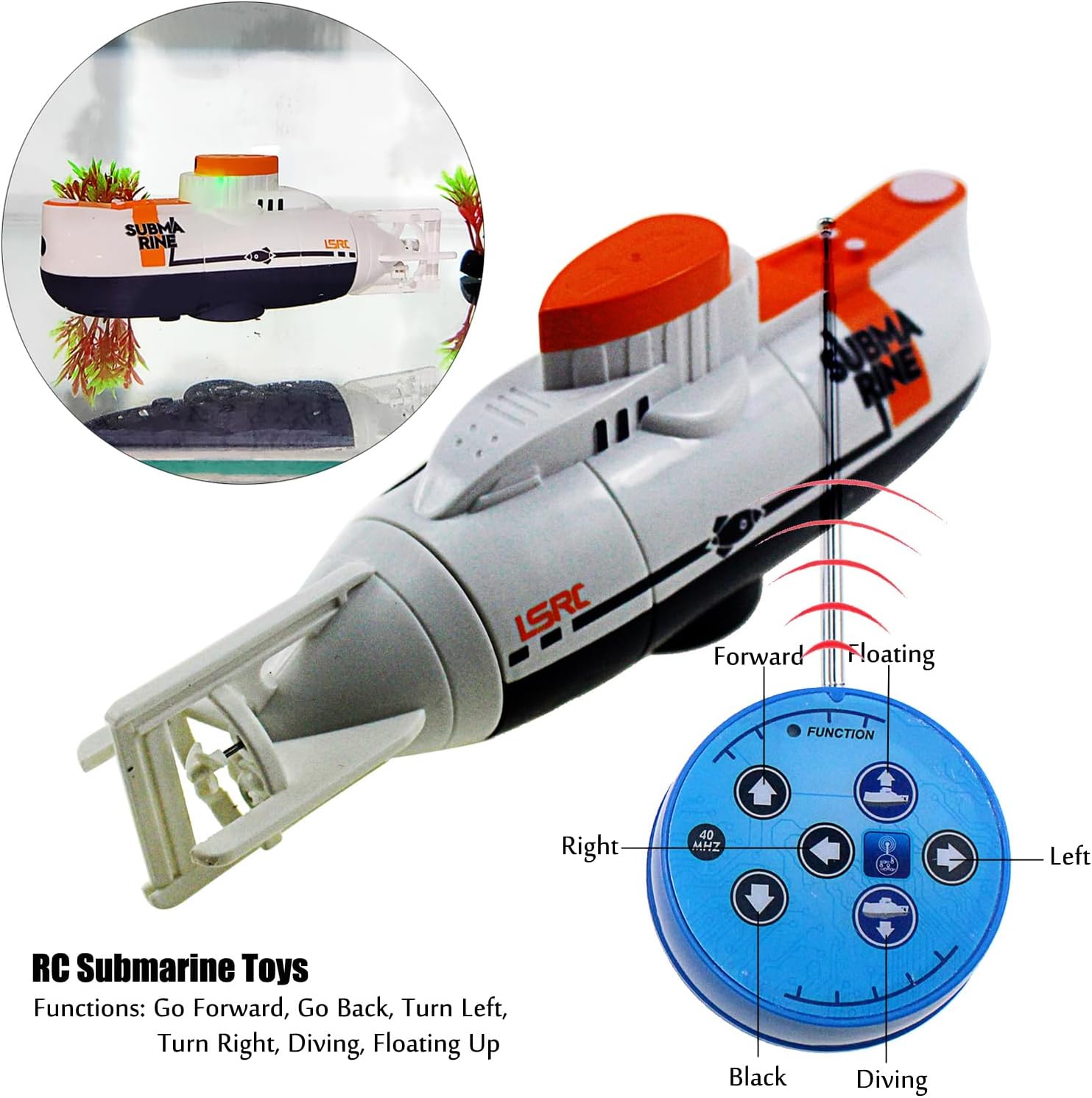 RC Submarine Toy Remote Control Boat Underwater Diving Waterproof for Fish Water Tank Kids Birthday Gift (White)