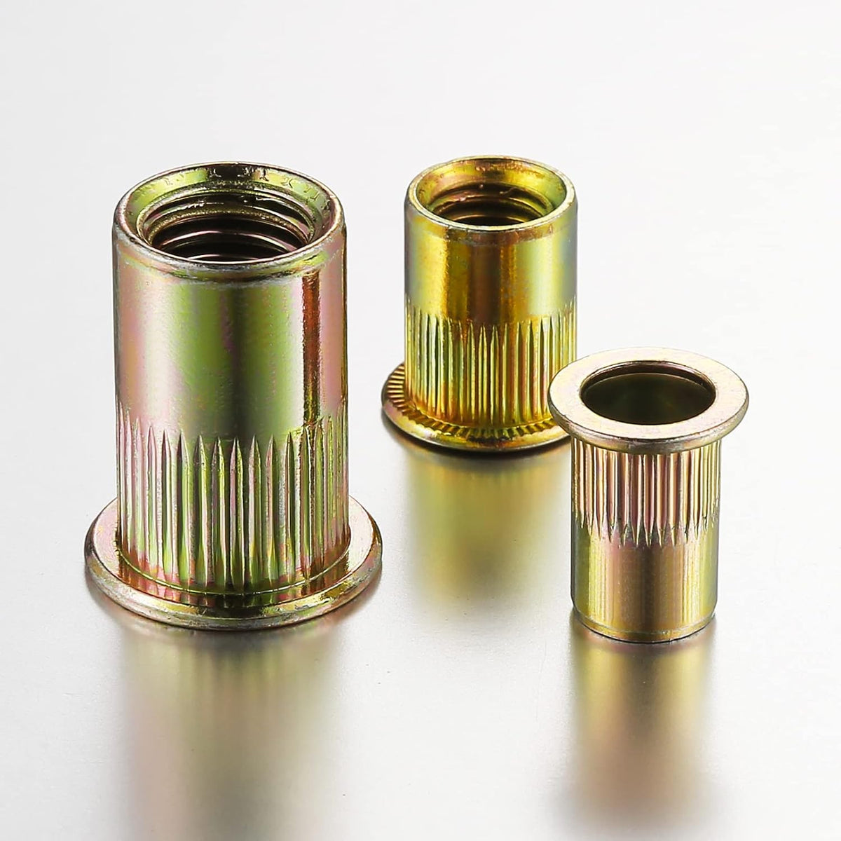 Wensilon Rivet Nut 10-32UNC 200Pcs Yellow Zinc Plated Finish Flat Head Rivnut Threaded Insert Nut Knurled Body