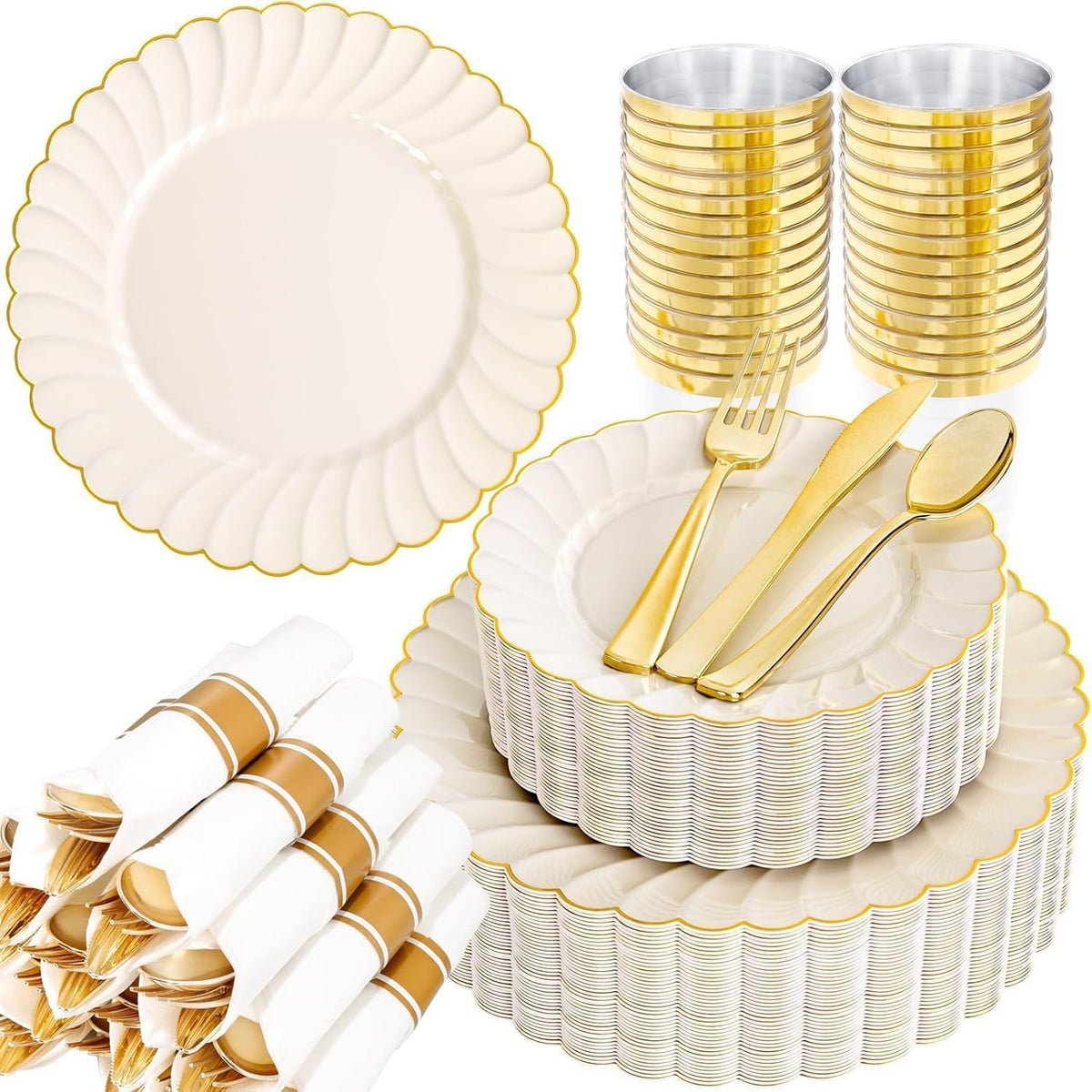 350PCS Ivory Scalloped Plastic Plates for Wedding Party