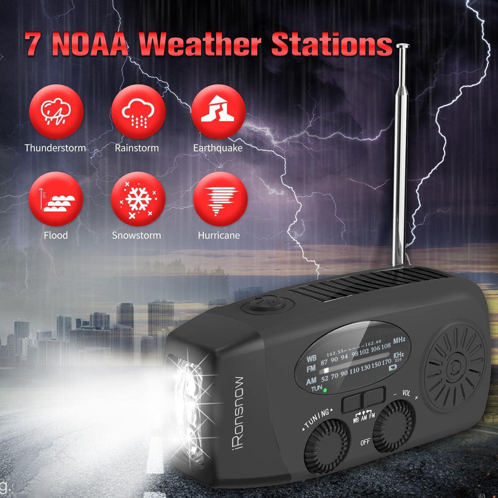 Solar Emergency Hand Crank Weather Radio, 2000mAh NOAA AM/FM | Portable Self Powered Radios with SOS Alarm LED