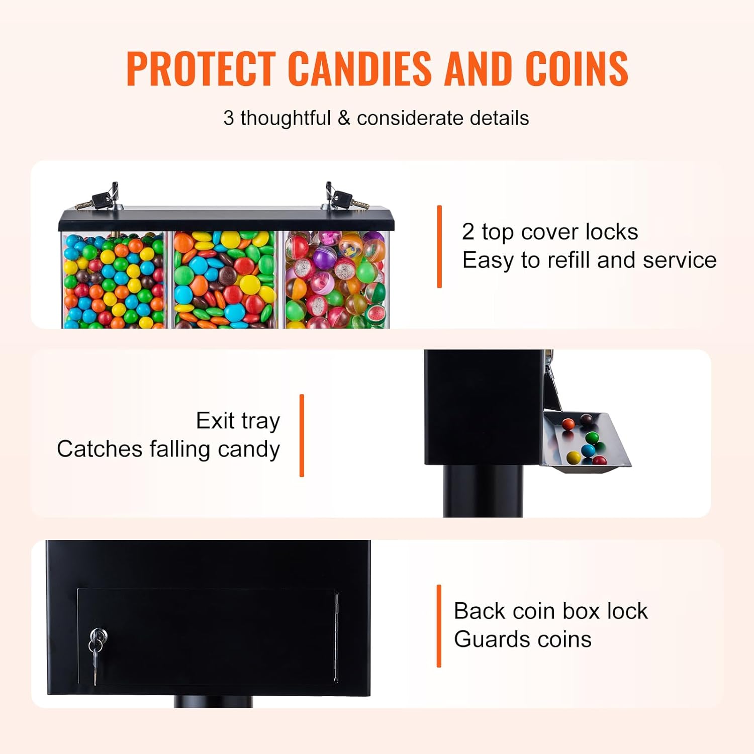 Commercial Vending Machine, Triple Compartment Candy Dispenser with Iron Stand, Gumball and Candy Machine for