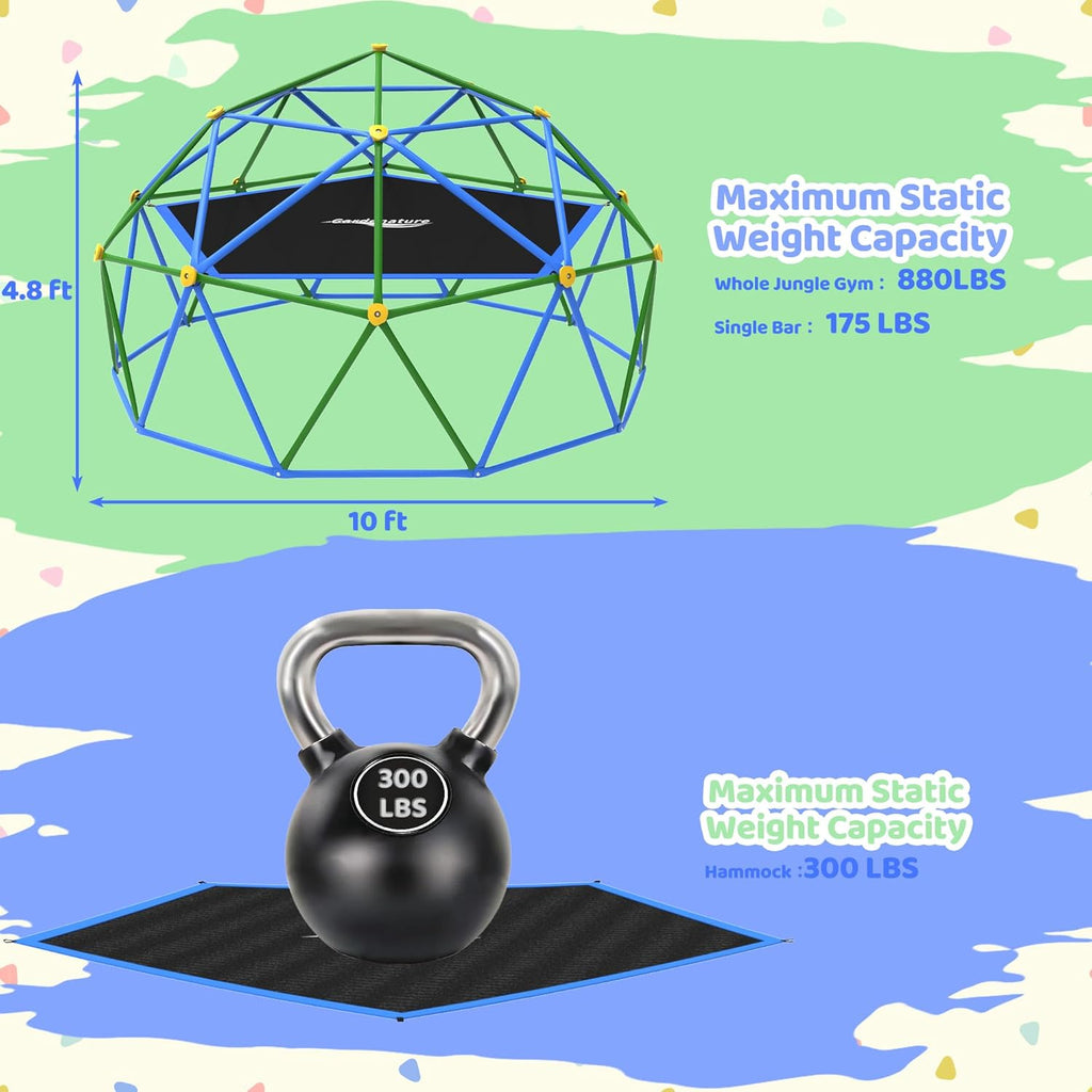 10FT Climbing Dome with Hammock, Outdoor Jungle Gym for Kids, Geometric Dome Climber Supporting 880 Lbs Anti-Rust