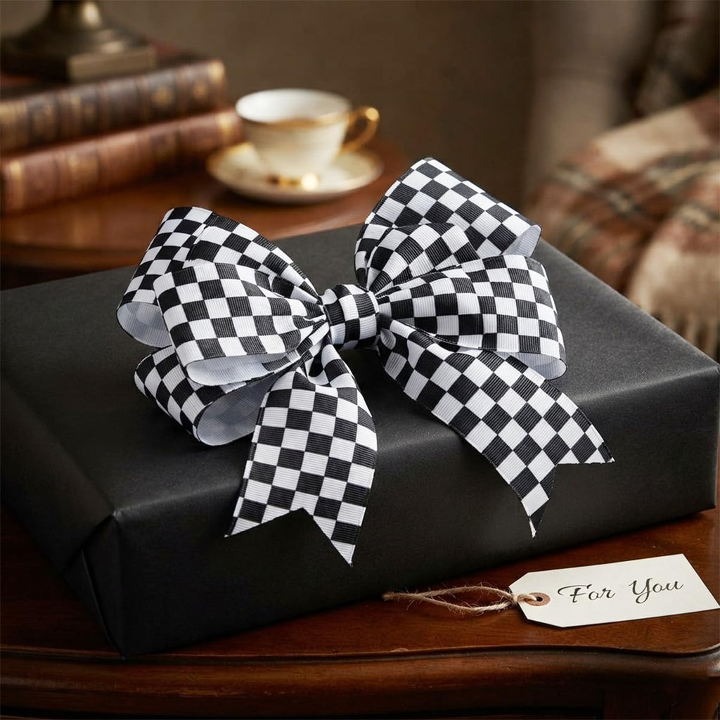 3 Roll Black and White Checkered Print Grosgrain Ribbon for Craft