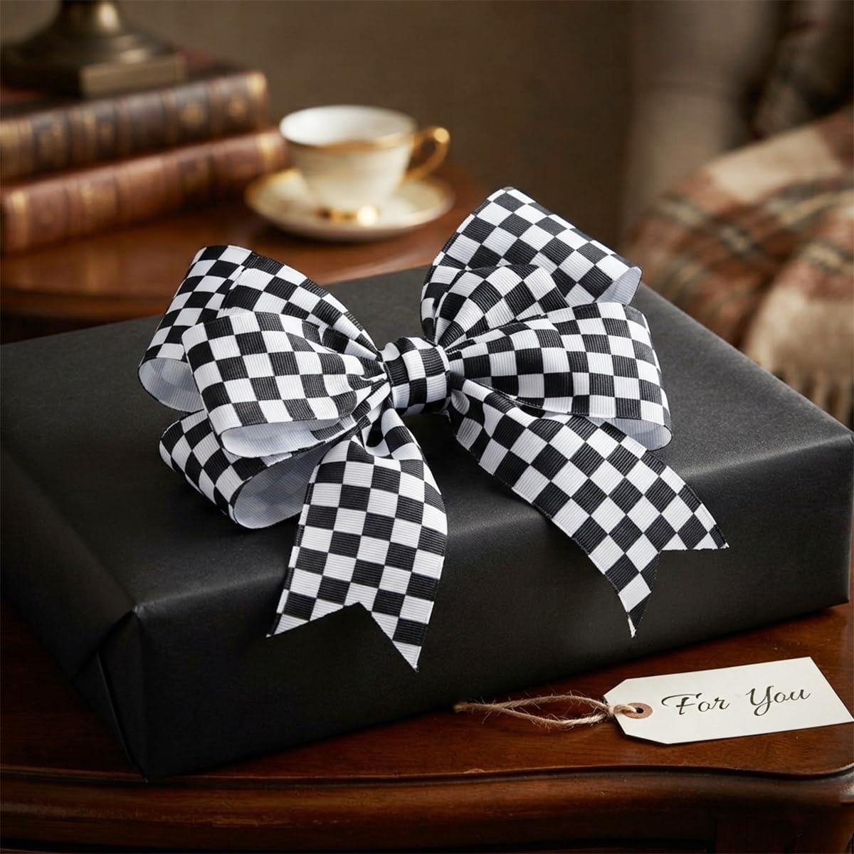 3 Roll Black and White Checkered Print Grosgrain Ribbon for Craft