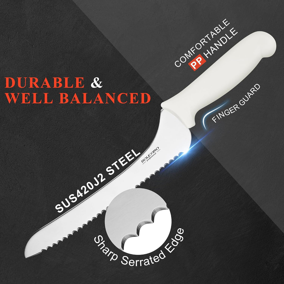 9 Inch Serrated Bread Knife, White Multi-Purpose Kitchen Tool