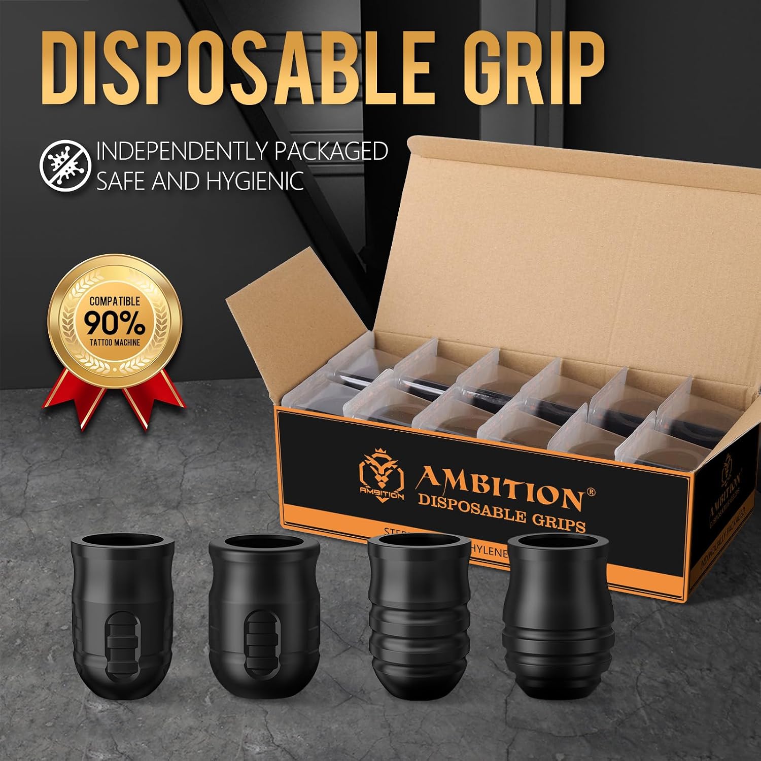 Mars-U E1 Disposable Tattoo Grips,12Pcs 42MM Professional Tattoo Rubber Grip Cover with Click Adjust System Supply