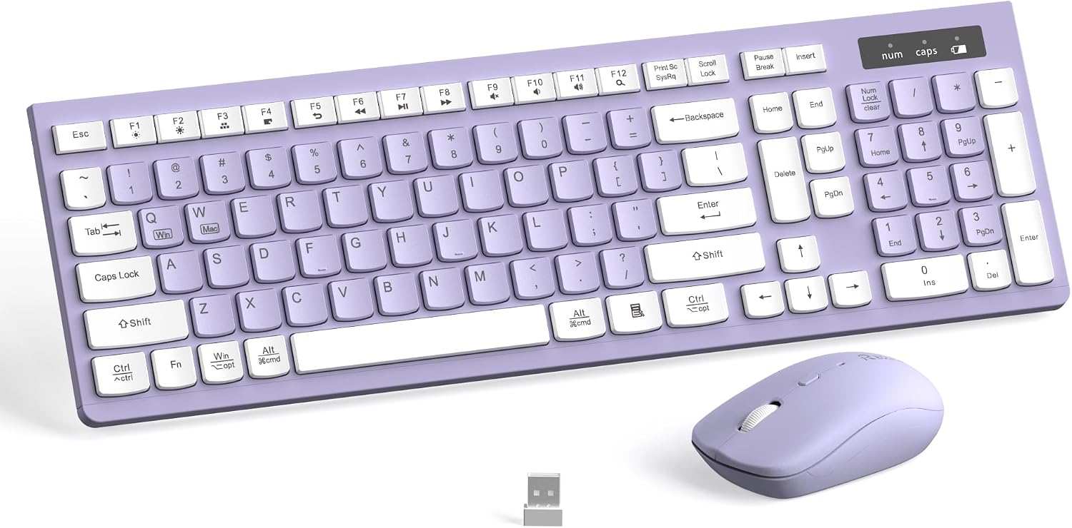 Wireless Keyboard and Mouse Combo, Full-Sized Keyboard and Adjustable DPI Mouse, Wireless Keyboard and Mouse (Purple)