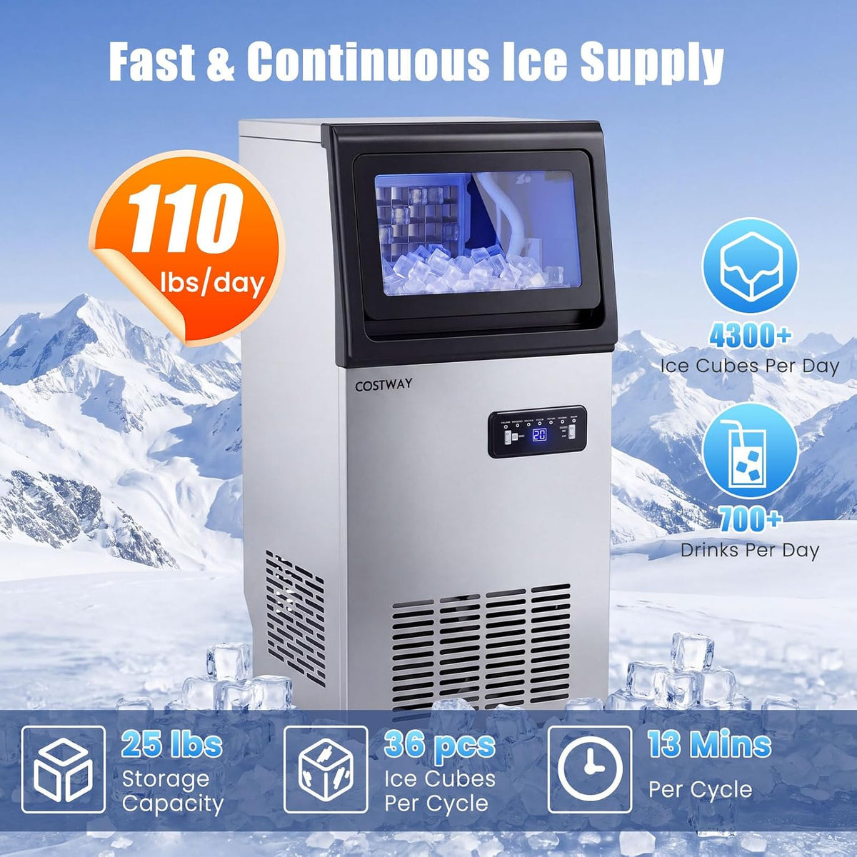 Commercial Ice Maker Machine 110LBS/24H, 36 Cubes in 13 Mins