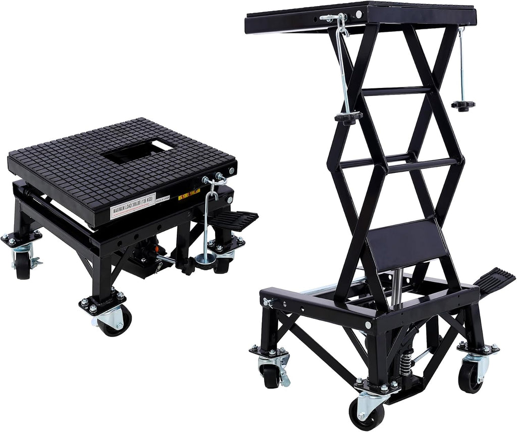 Hydraulic Motorcycle Lift Table, 300 lbs Capacity Motorcycle Scissor Jack Lift with Non-Slip Wide Deck J-Hooks 4