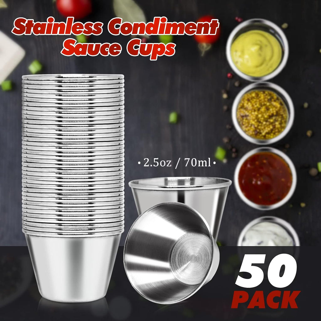 50 Pcs Metal Sauce Cups 2.5oz Ramekins, Stainless Steel Dipping Sauce Cups Metal Condiment Container Reusable Round