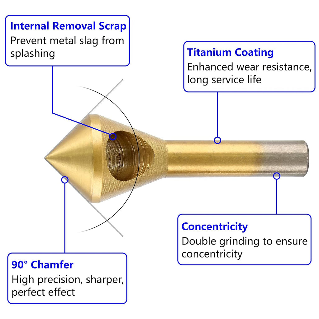 Bonsicoky 4PCS Titanium Coated Countersink Chamfer Deburring Tool Set