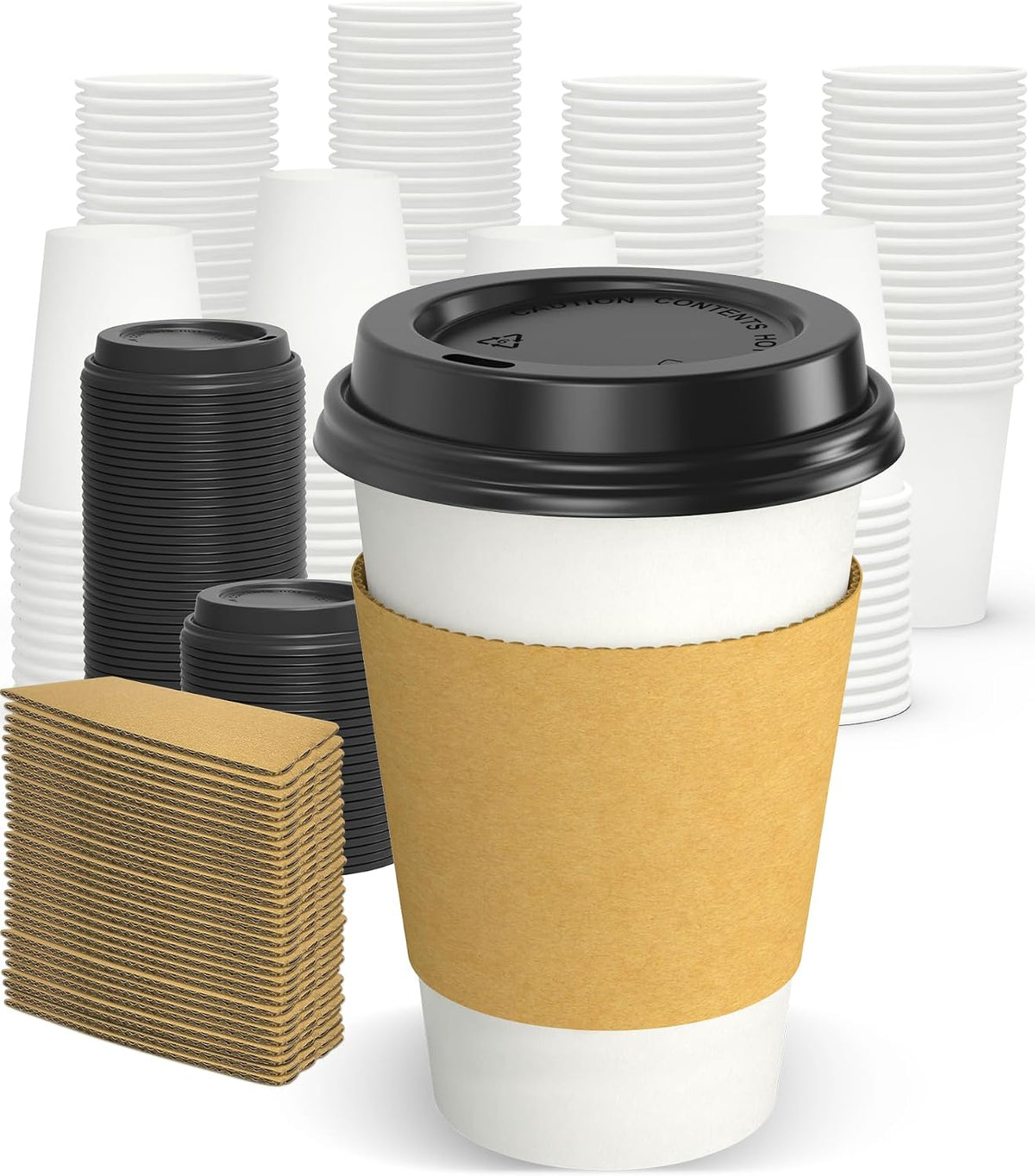 100 Pack 12 oz Disposable Coffee Cups with Sip Lids and Sleeves