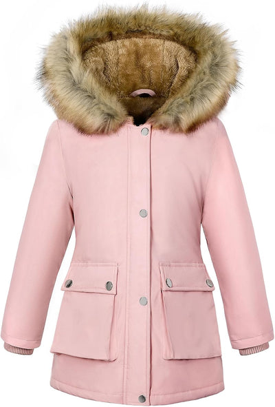 Girls' Warm Winter Coat Long Fleece Lined Puffer Jacket with Hood | Thicken Warm Parka, Removable Faux Fur Trim