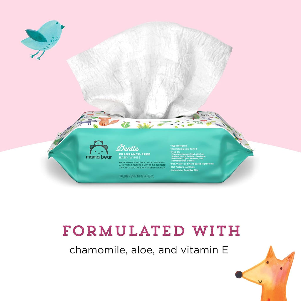 Amazon Brand - Mama Bear Gentle Formulated without Fragrance Baby Wipes, Hypoallergenic, Sensitive Skin, Unscented