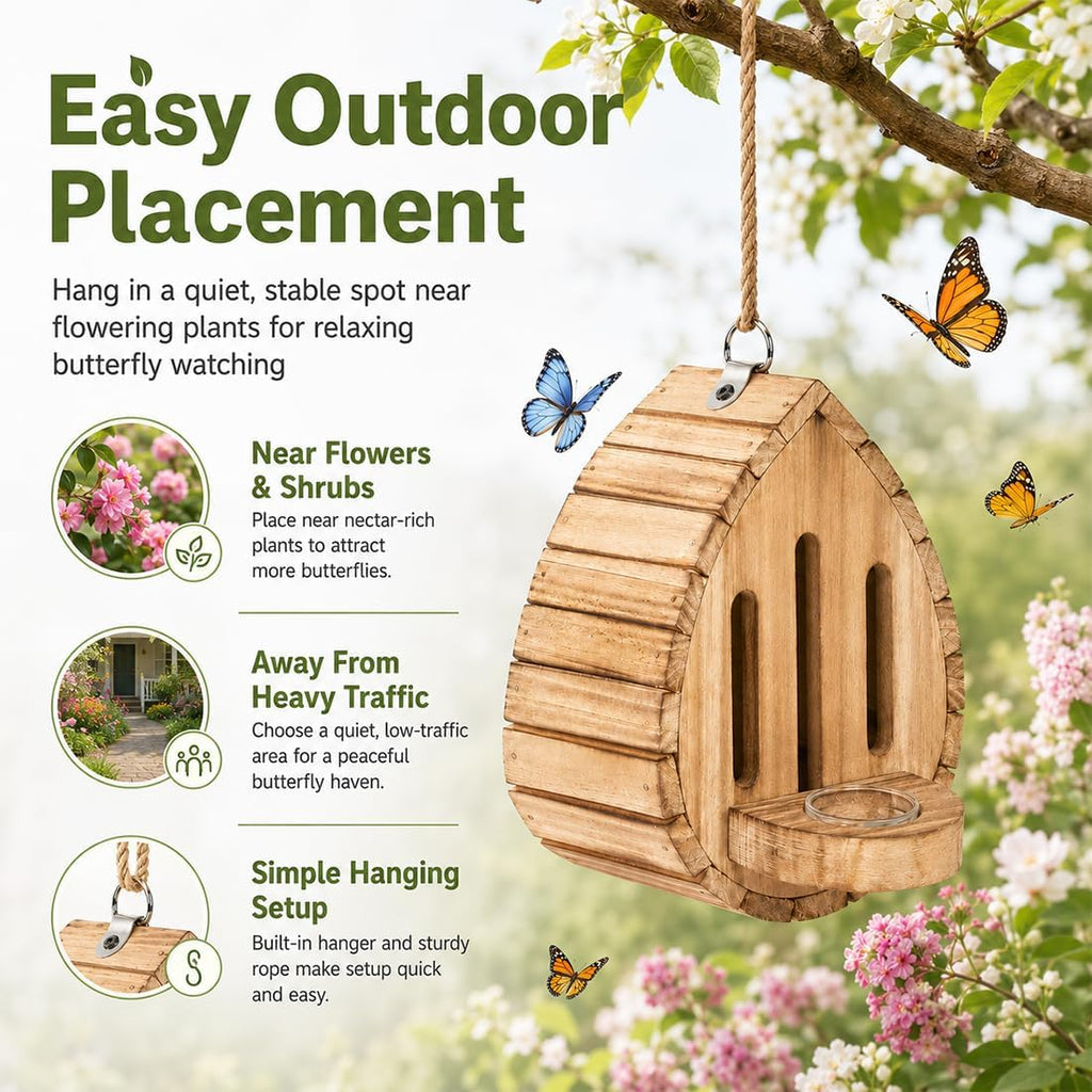 Butterfly House Wooden Shelter for Garden, Hanging Habitat Box (Wood)