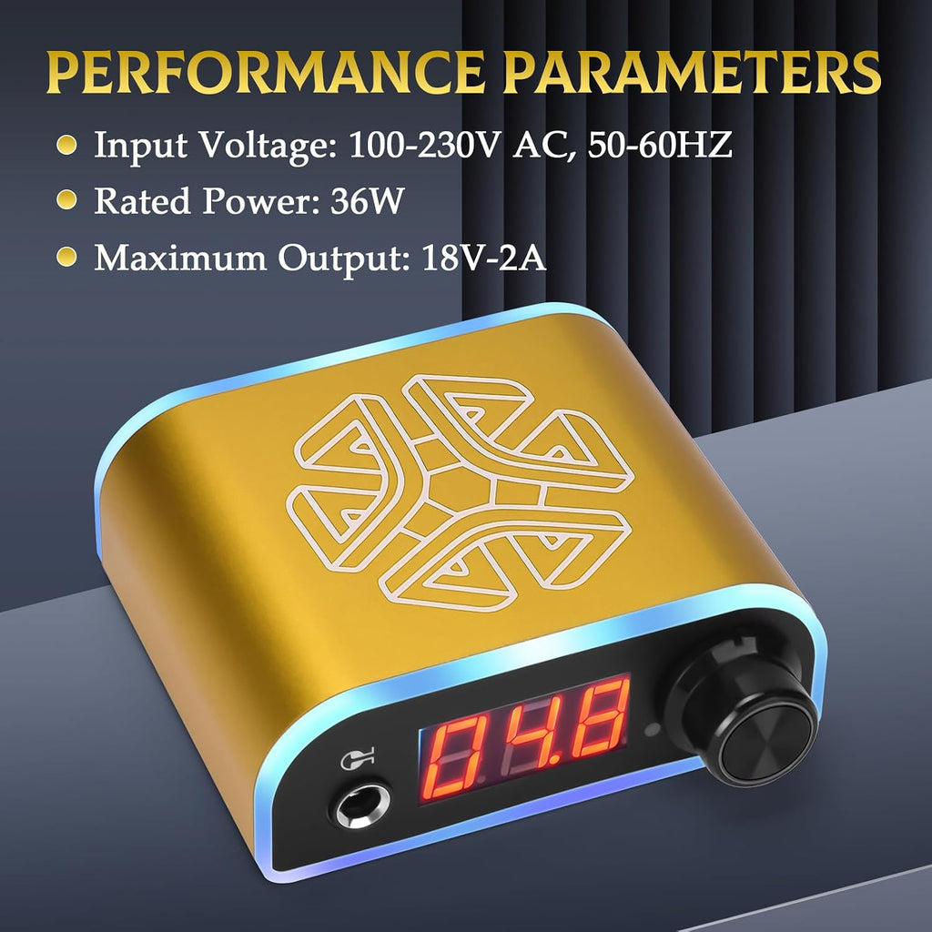 Tattoo Power Supply with Wireless Tattoo Pedal Colorful Light Power Cable for Tattoo Machine Pen Liner and Shader (Gold)
