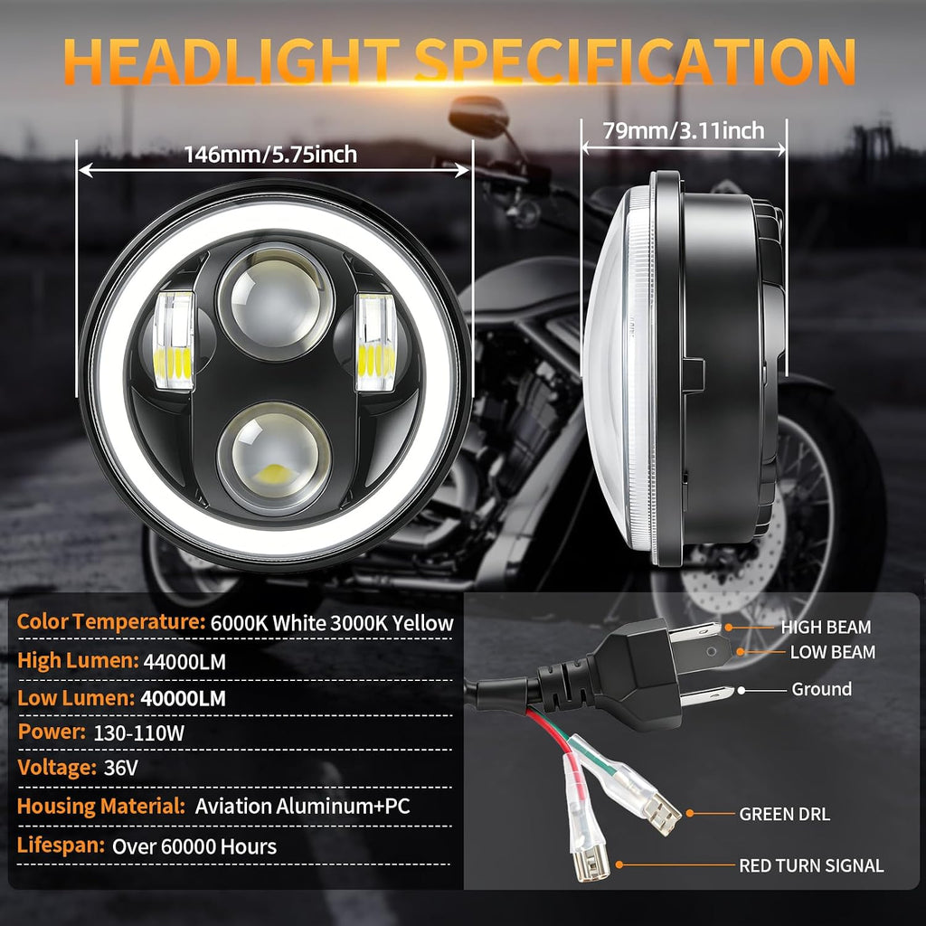130W 36V 5-3/4 5.75 Inch Headlight fit for Honda Shadow,IP68,1PCS
