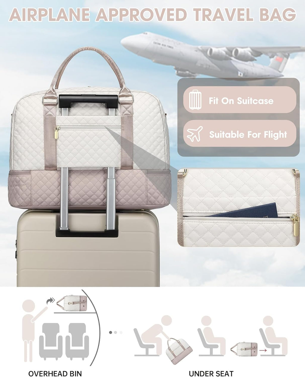 Travel Duffle Bag Weekender for Women: Travel Duffel Bag Carry-On Overnight Bag with Shoe Compartment & Wet Pocket