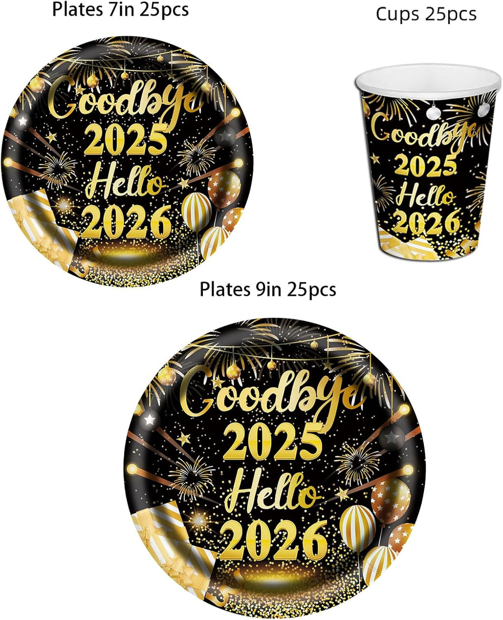 75 Pcs New Years Party Decorations Set Serve 25 New Years Eve Party Supplies 2026 BDTZ Goodbye 2025 Hello 2026 Plates