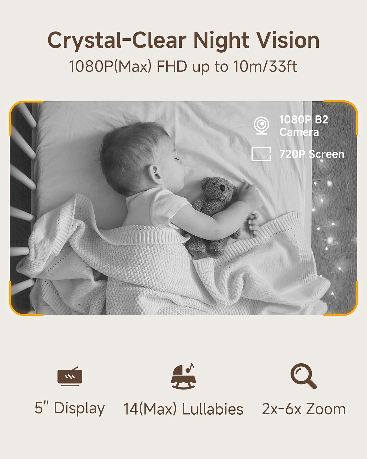 Baby Monitor B2 Kit, WiFi 6 Camera, 5'' Upgraded Wireless Display | 1-Click Call, Up to 6x Zoom, AI Tracking, Sound &
