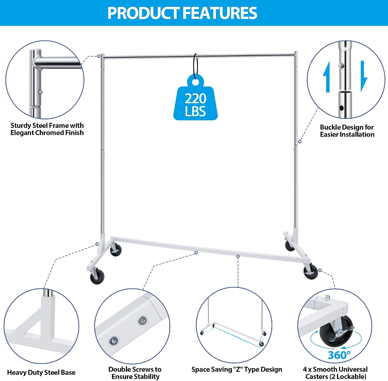 Heavy Duty Clothes Rack Z Base Commercial Grade Garment Rack on Wheels Rolling Clothes Hanging Organizer, All Steel