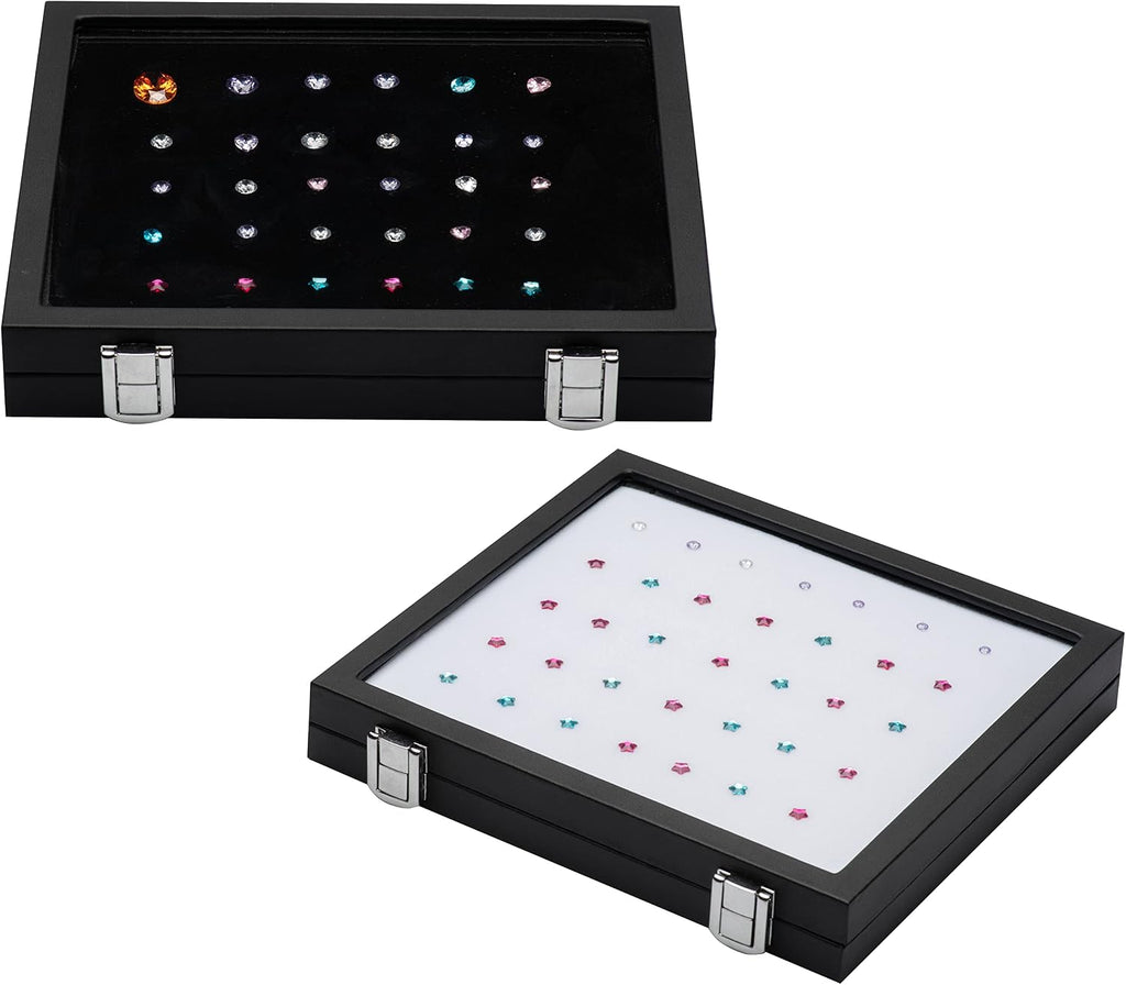 Jewelry Display Case Tempered Glass Top Lid Black Leatherette,Gemstone Display Case Jewelry Storage Box with Metal