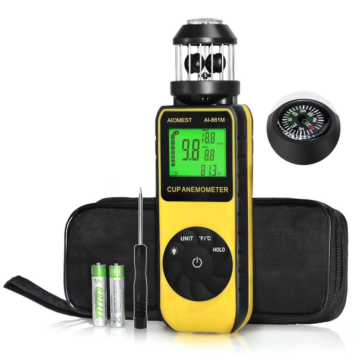 Handheld Anemometer Wind Cup 93MPH, AIOMEST 881M Air Flow Speed Meter Gauge