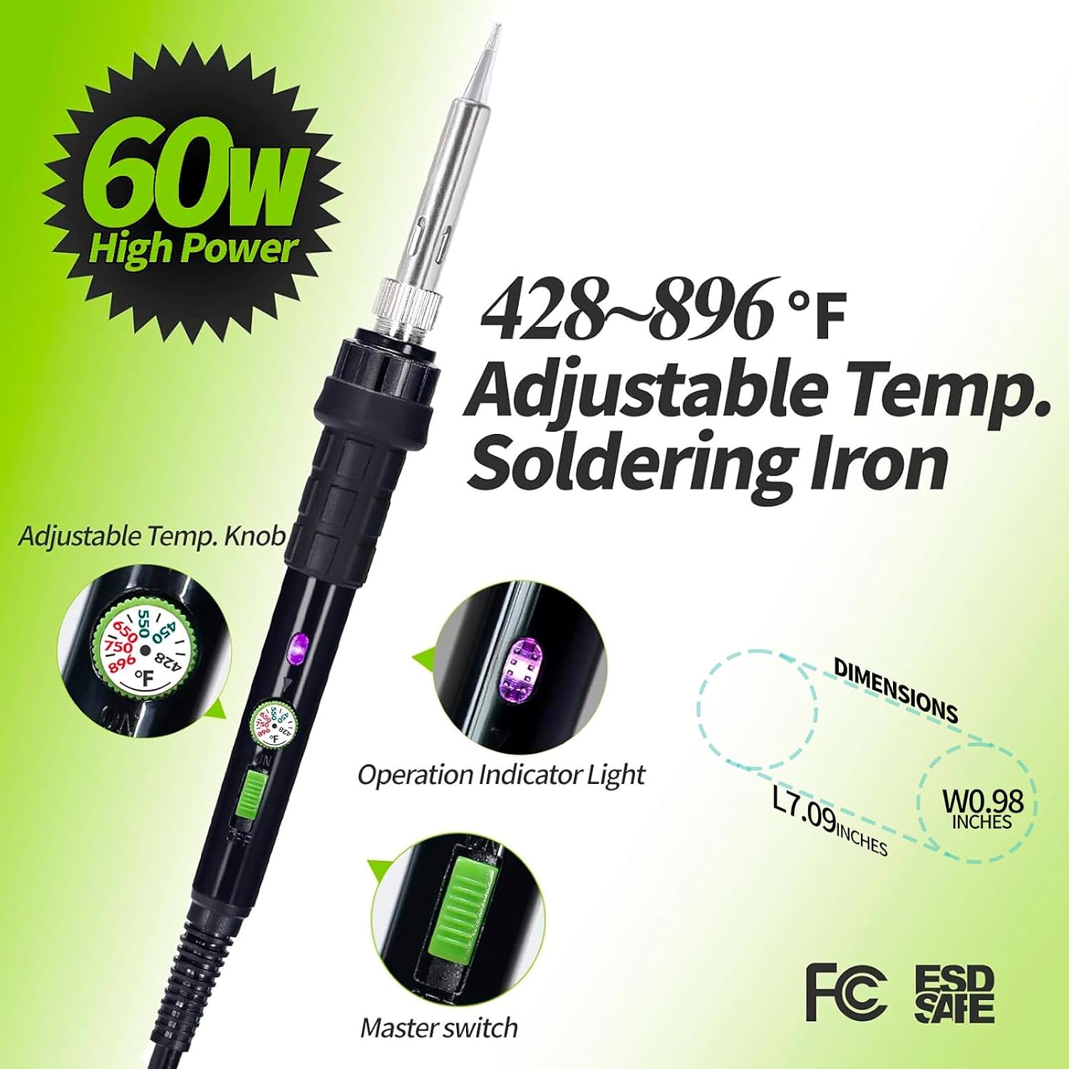 947-III 60W Soldering Iron Kit Adjustable Temperature with Sticky Holder, Tip Cleaner, Cleaning Sponge Power Switch
