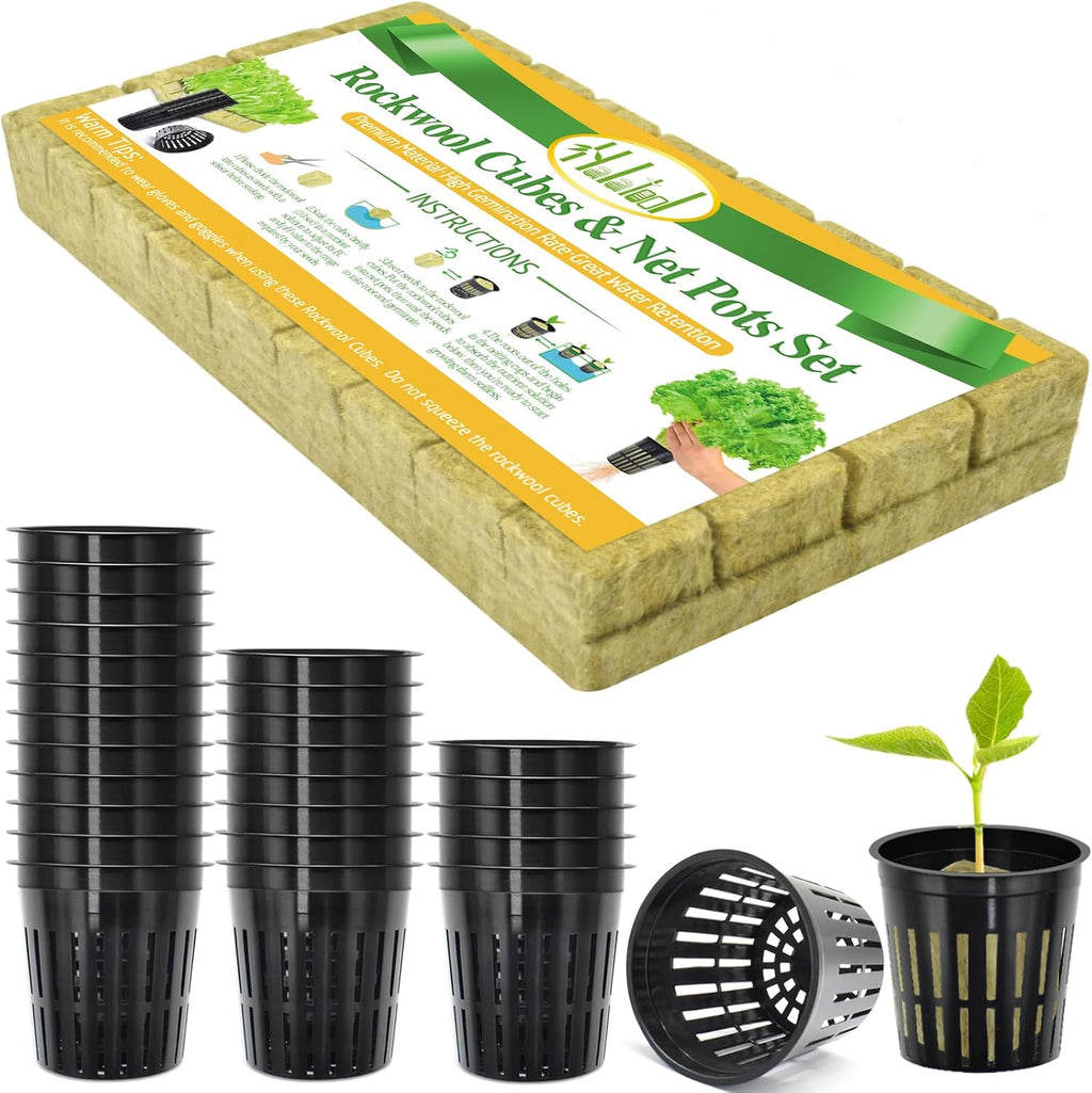 36PCS 1.2" Rockwool Cubes & 30PCS 2" Net Cups for Hydroponics | Rockwool Garden Starter Plugs, Hydroponics Kit for