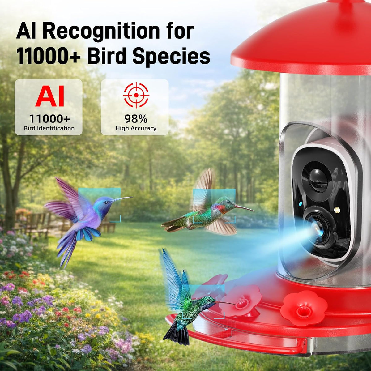 Hummingbird Feeder with Camera Outdoor, 5MP HD Smart Hummingbird Feeder Camera Solar Powered, AI Bird Identification