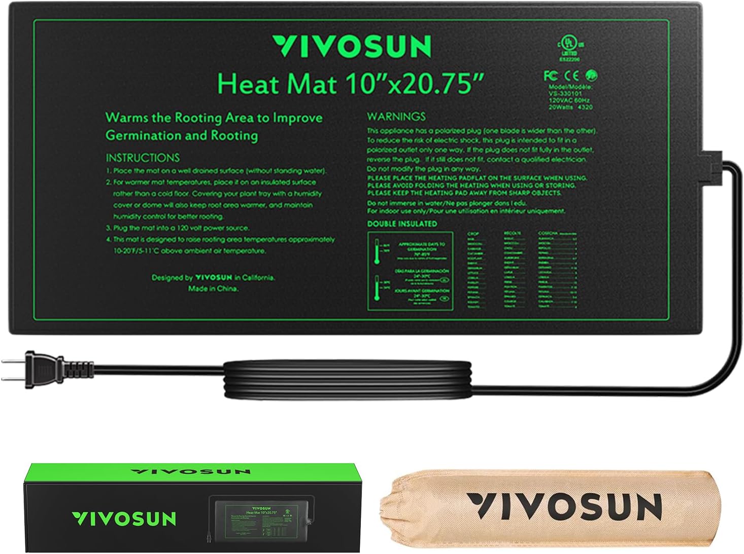 10" x 20.75" Durable Waterproof Seedling Heat Mat | UL & MET-Certified Warm Hydroponic Heating Pad for Germination