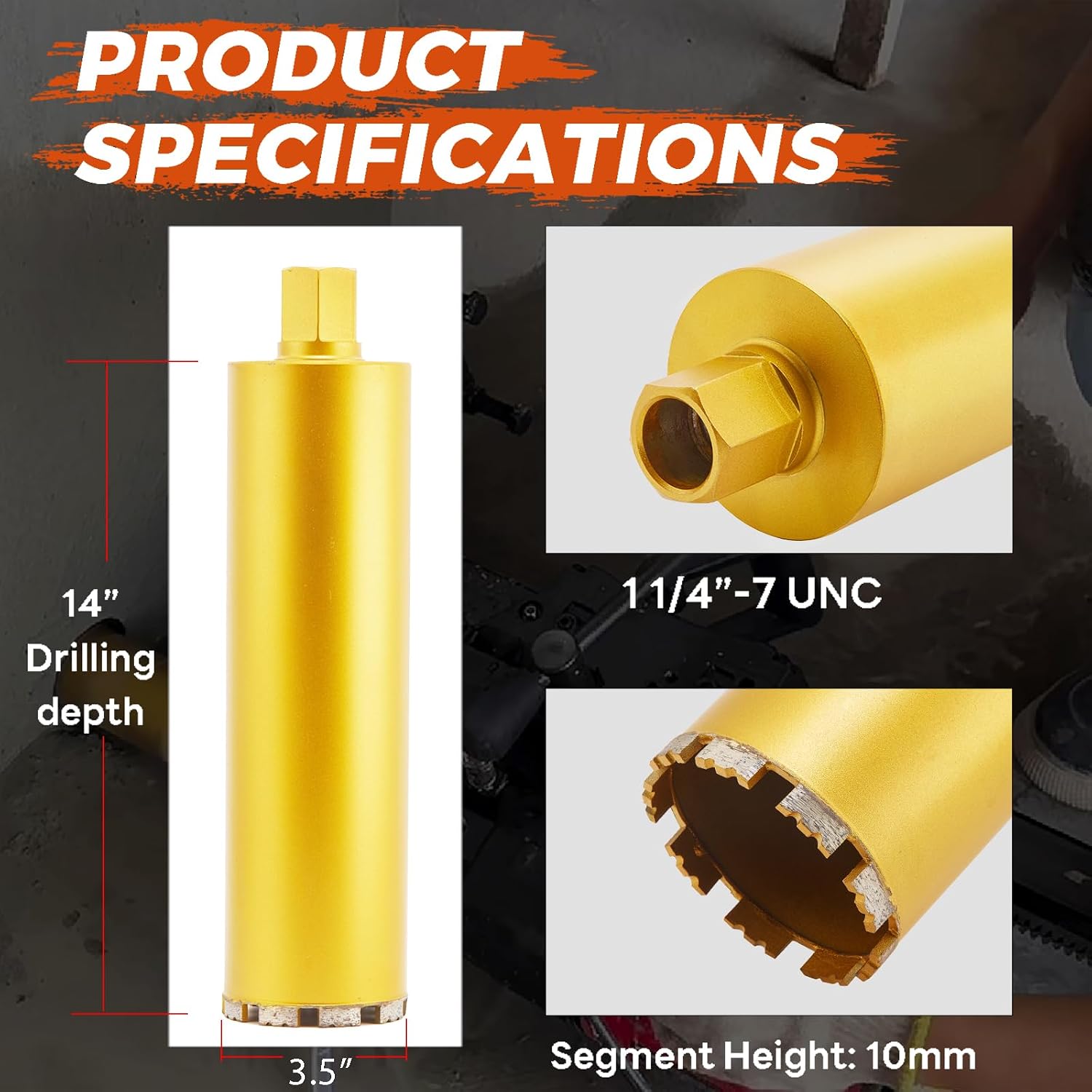 3 1/2 Inch Wet Core Drill Bit, 3.5" Core Bits for Concrete, 1-1/4"-7 Thread, 14" Drilling Depth Diamond Core Drill