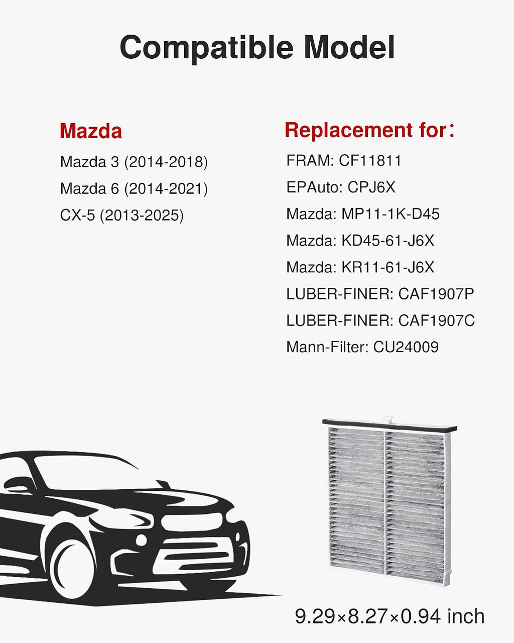 Cabin Air Filter with Activated Carbon, Replacement for CF11811, CPJ6X, CAF1907P, CAF1907C, CU24009, Compatible with