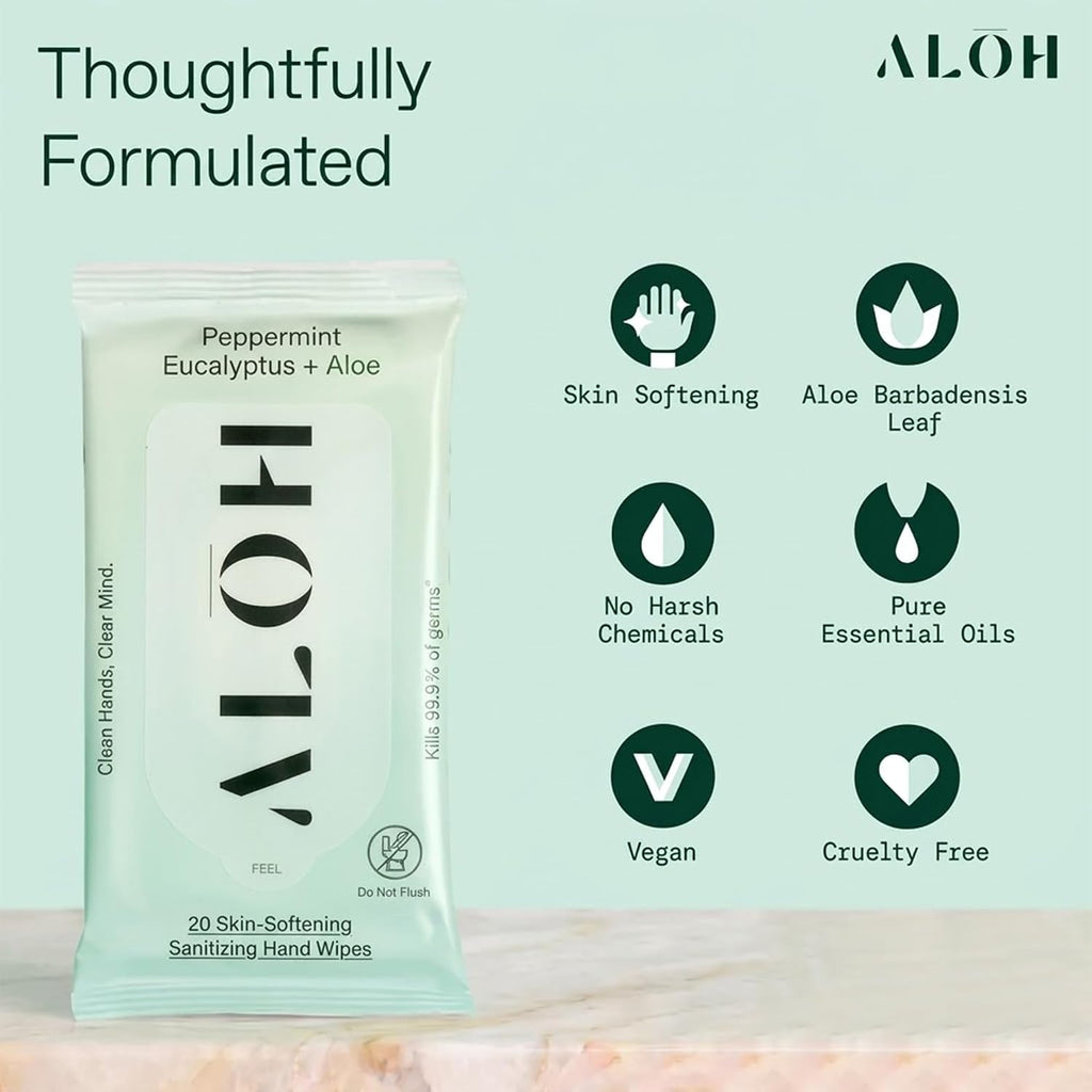 ALŌH Peppermint Eucalyptus + Aloe Hand Sanitizer Wipes, Travel Size | Clean Hands, Clear Mind, On The Go for Kids and