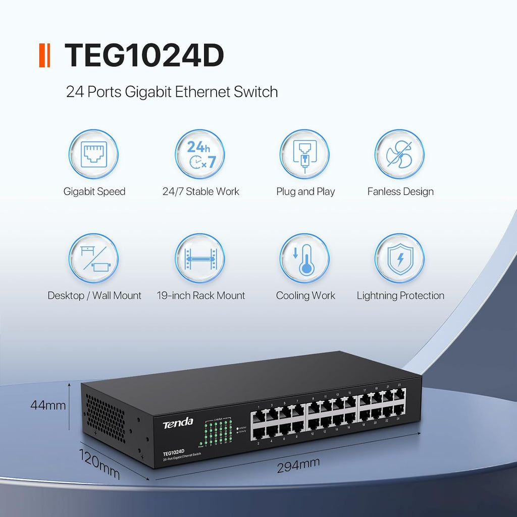 24 Port Gigabit Ethernet Switch | Rackmount Network Switch | 24*10/100/1000Mbps Shielded Ports | Unmanaged | Plug &
