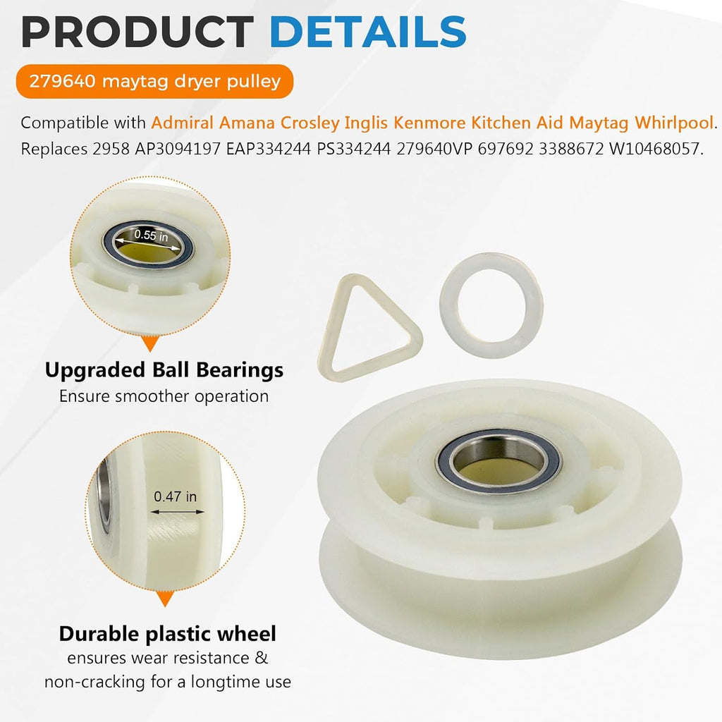 2026 Upgraded 661570V 661570 & 279640 & W10837240 Dryer Drum Belt Idler Pulley and Pulley Kit Fit for Whirlpool