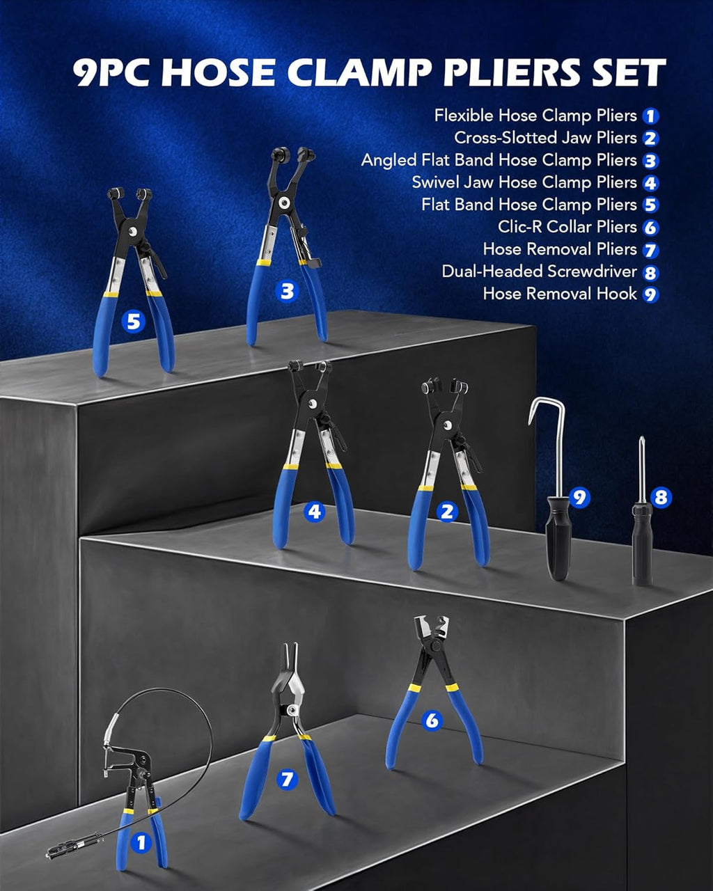 9pcs Hose Clamp Pliers for Fuel Oil & Water Hoses, Automotive Long Reach Hose Clamp Remover Kit with Flexible Wire