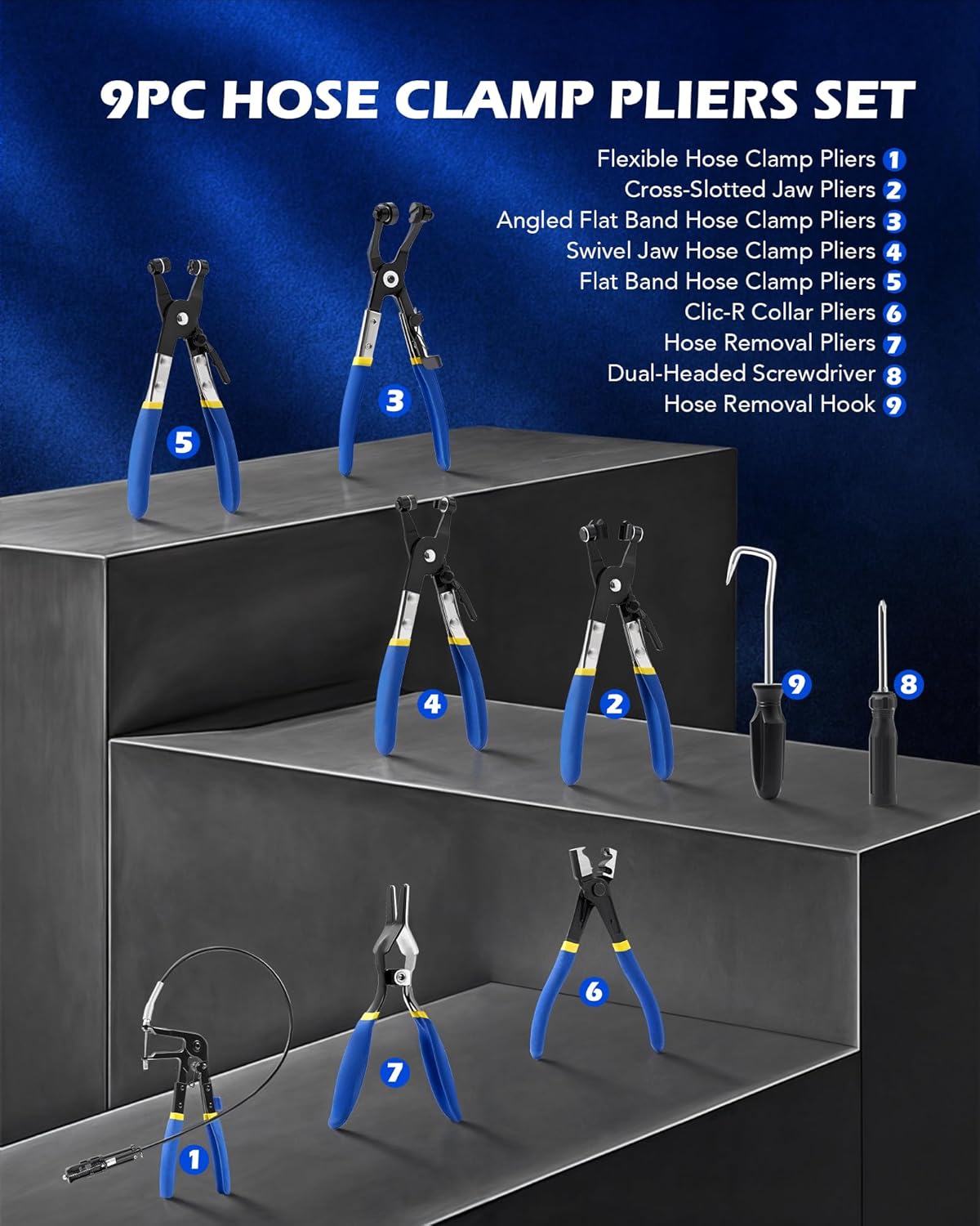 9pcs Hose Clamp Pliers for Fuel Oil & Water Hoses, Automotive Long Reach Hose Clamp Remover Kit with Flexible Wire