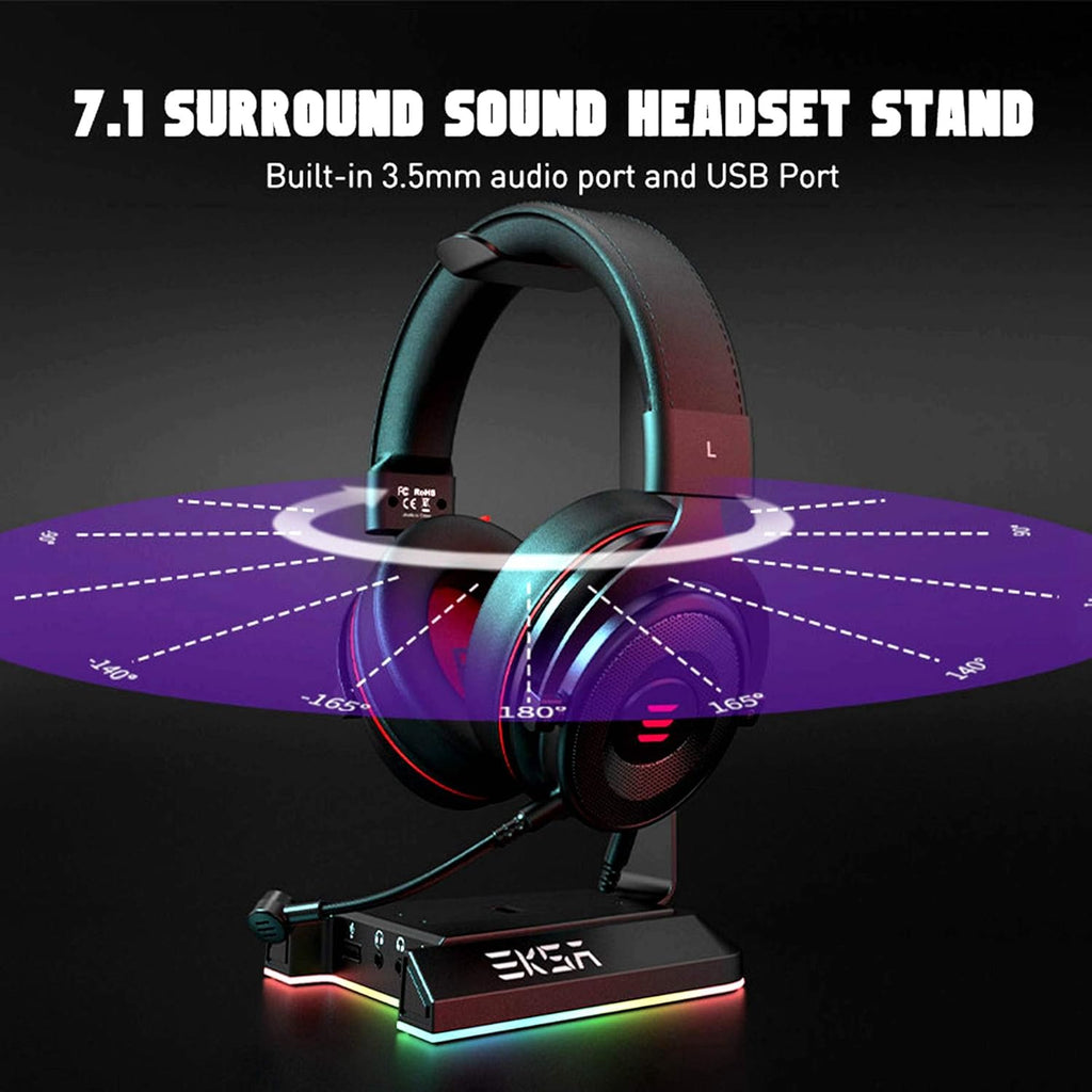 Headphone Stand, RGB Gaming Headset Stand for Desk with 7.1 Surround Sound, Headphone Holder with 3.5mm Aux and 2 USB