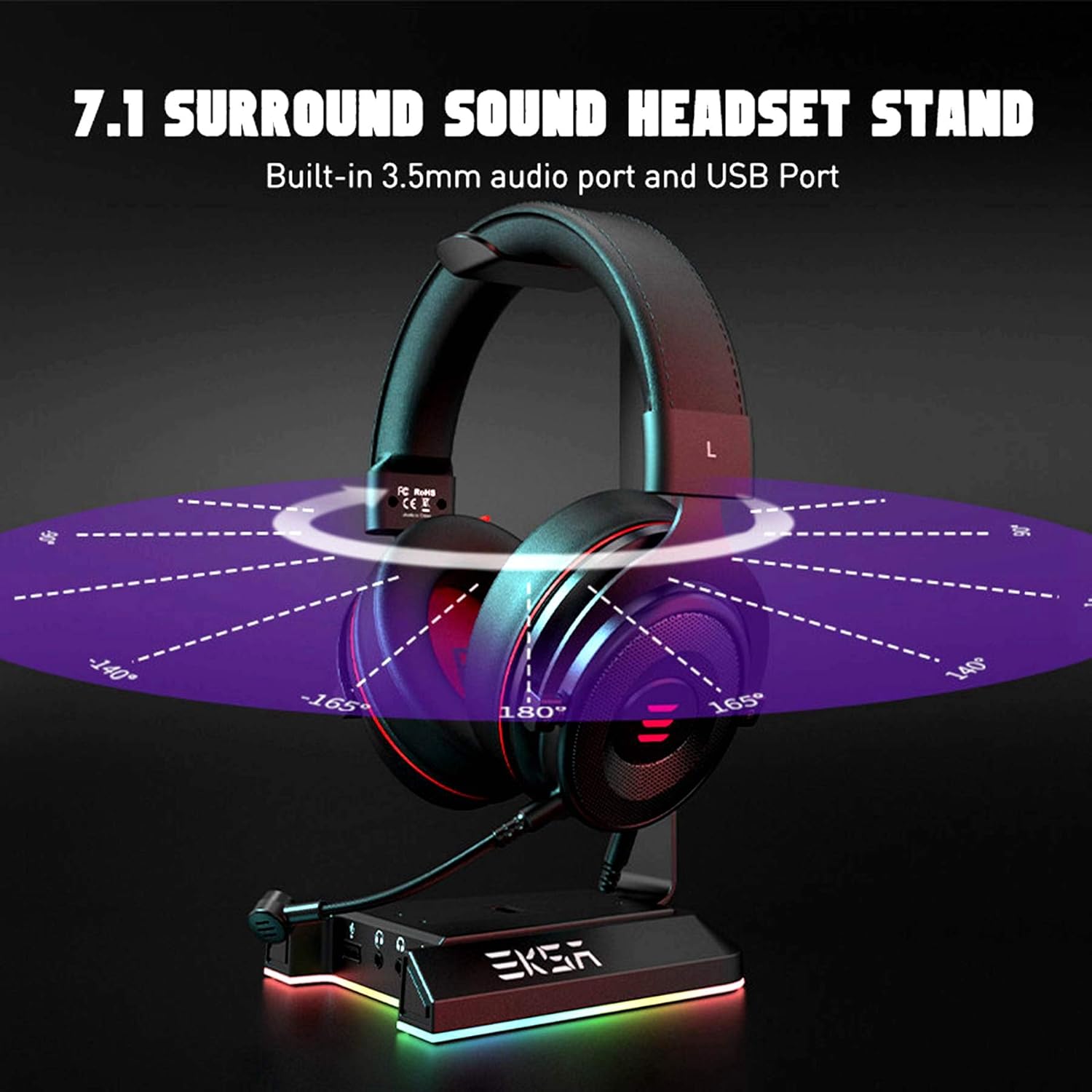 Headphone Stand, RGB Gaming Headset Stand for Desk with 7.1 Surround Sound, Headphone Holder with 3.5mm Aux and 2 USB