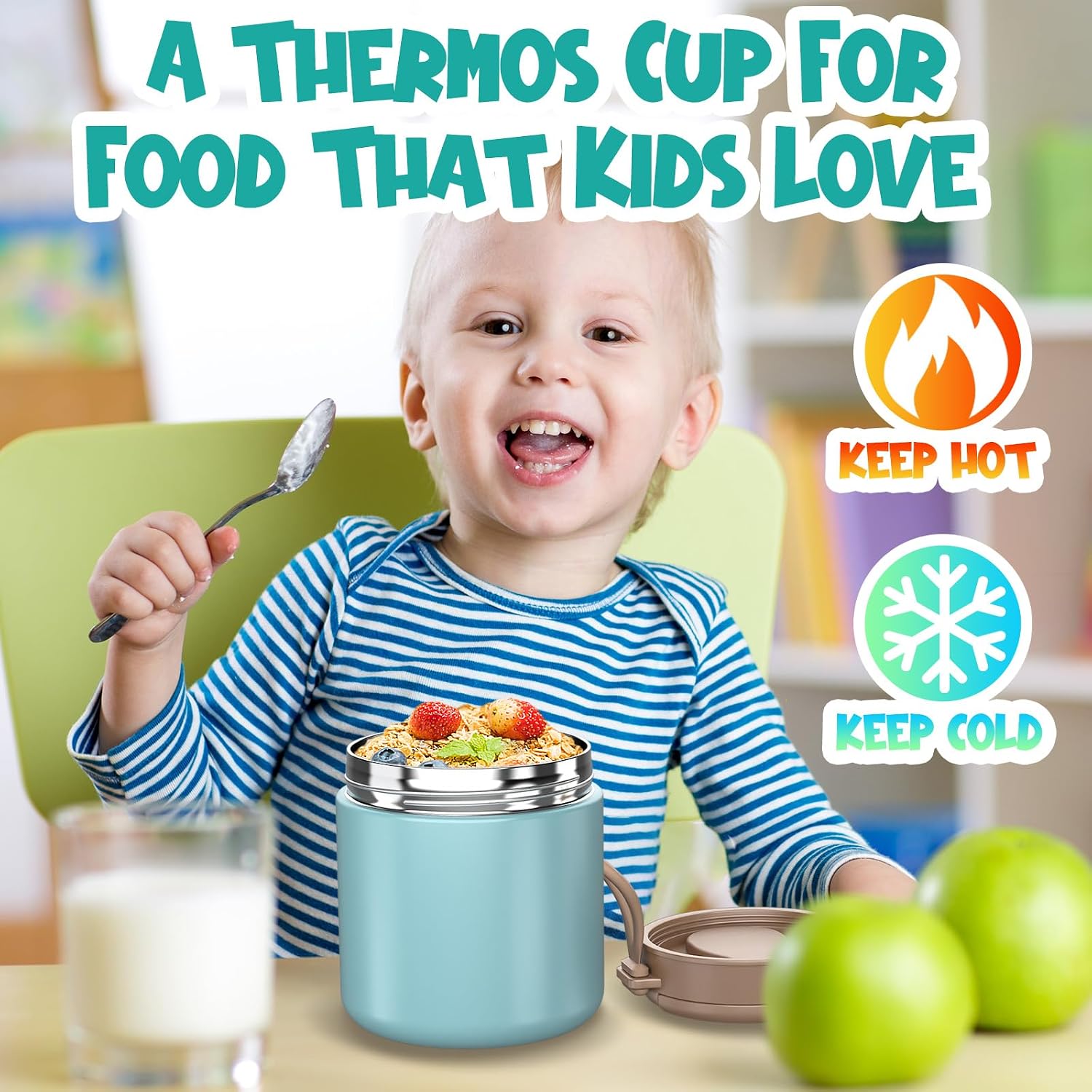 Thermo for Hot Food Kids - 15.2oz with Folding Spoon and Silicone handle | Leak Proof Insulated Food Jar, Soup