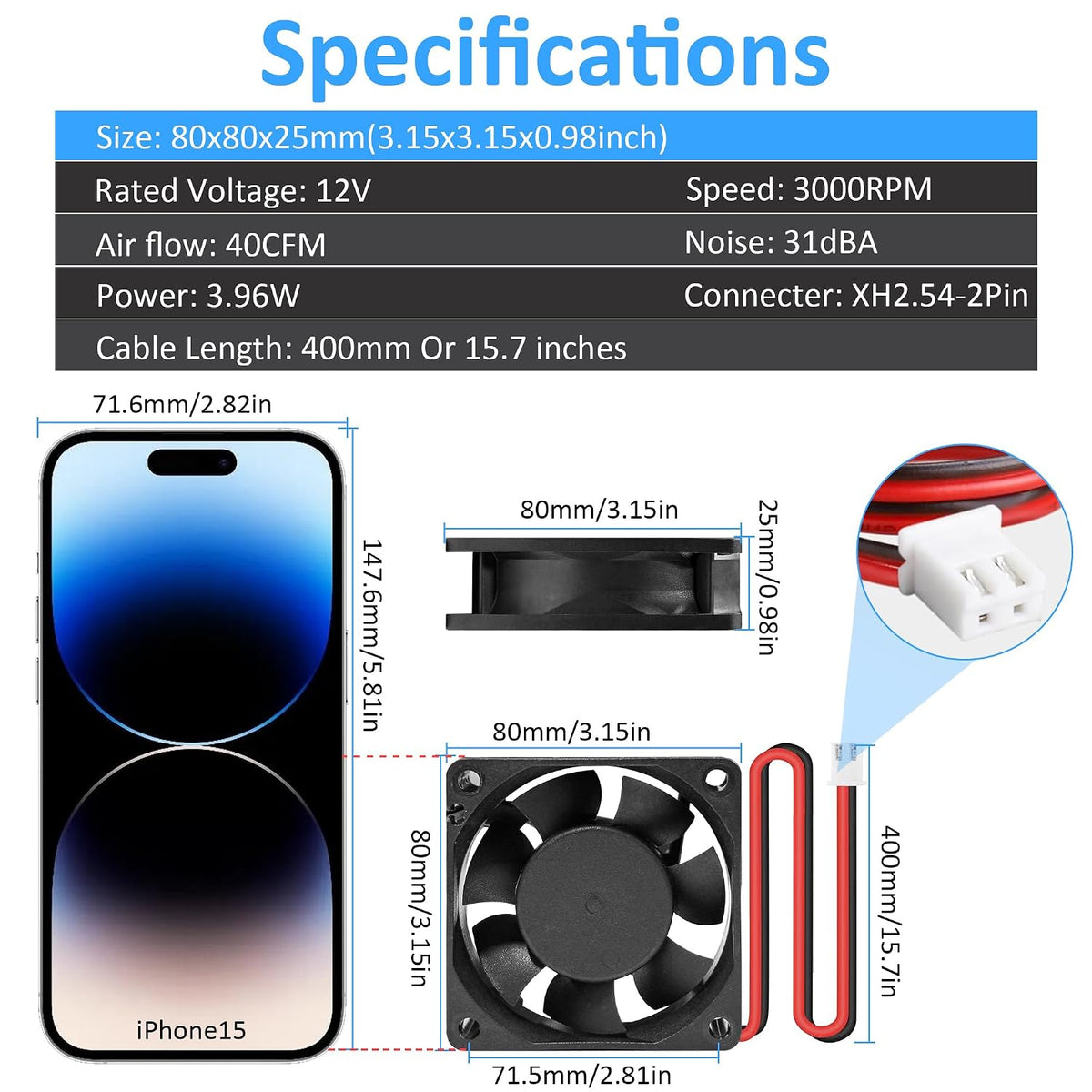 80x25mm12V DC High-Performance 2-Pin XH2.54 Electronics Cooling Fan 2-Pack