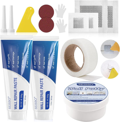 Drywall Repair Kit, White- Wall Mending Agent 250 g* 2, Wall Repair Paste Plaster, 1 Pack Wall Putty, Repair Tape and