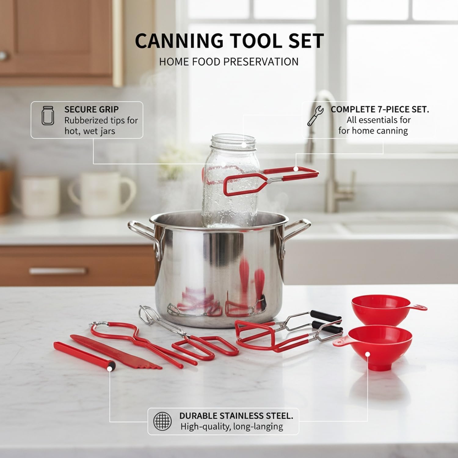7-Piece Stainless Steel Jar Lifter and Canning Tool Kit for Kitchen Countertops