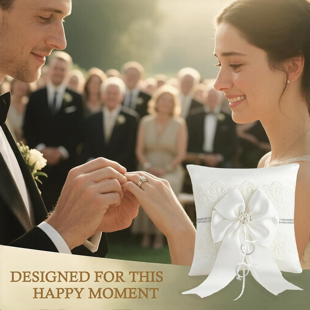 Wedding Ring Bearer Pillow: 8.2 x 8.2 Inch Ring Cushion with Lace & Pearl Bow – Ceremony Ring Holder for Flower Boy