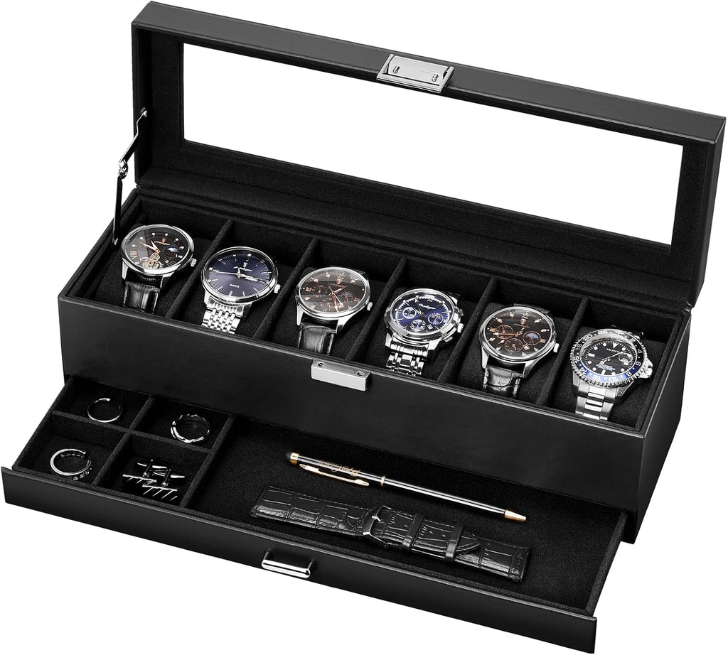 6-Slot Watch Case for Men, Mens Jewelry Box with Glass Lid -Black | Watch & Jewelry Box with Drawer, Easy-Clean PU
