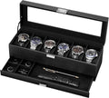 6-Slot Watch Case for Men, Mens Jewelry Box with Glass Lid -Black | Watch & Jewelry Box with Drawer, Easy-Clean PU