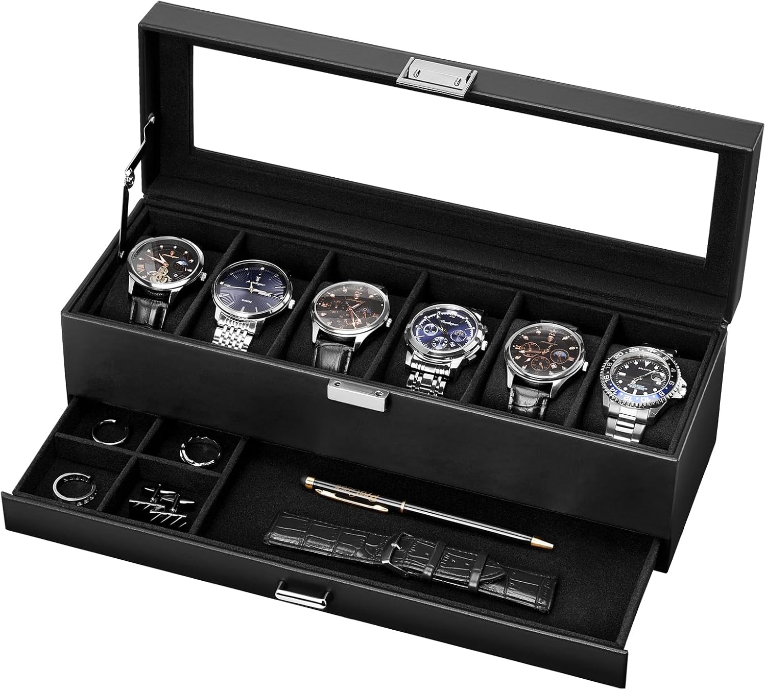 6-Slot Watch Case for Men, Mens Jewelry Box with Glass Lid -Black | Watch & Jewelry Box with Drawer, Easy-Clean PU